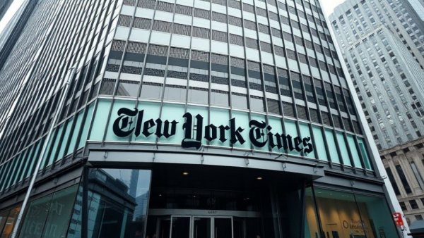 New York Times building facade with logo, cloudy day.