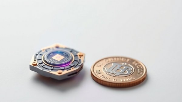 Tiny implant sends light messages to the brain, shown next to a coin.