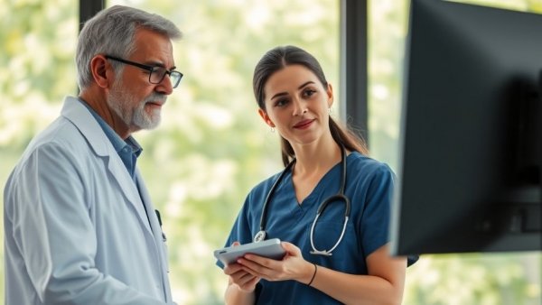 Healthcare professionals discussing AI technology, looking at a monitor, AI in healthcare.