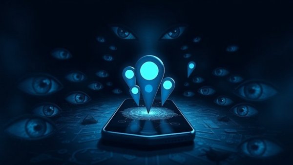 Abstract artwork of a smartphone with location pins and eyes symbolizing FTC ban on stalkerware.