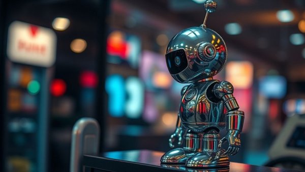 Shiny silver robot toy in a futuristic showroom, AI robotics investment.