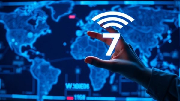 Hand interacting with futuristic Wi-Fi 7 interface in healthcare.