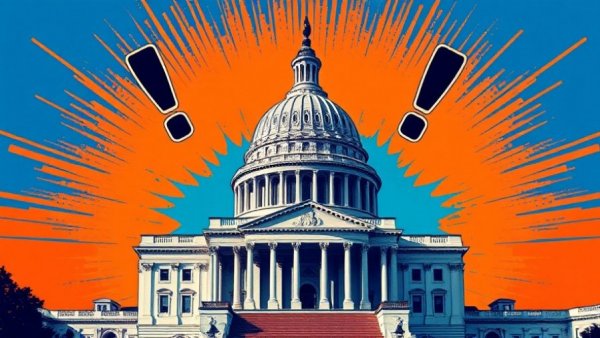 Pop art Capitol with warning symbols highlighting AI regulation concerns.