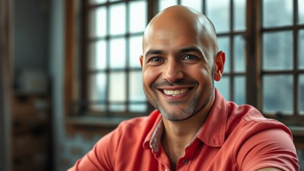 Bald man smiling in a coral shirt, natural window light.