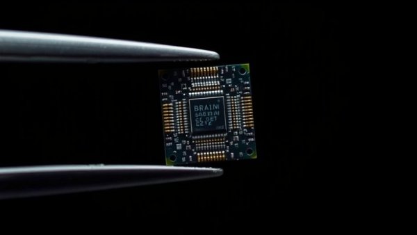 Advanced brain-computer interface technology microchip held by tweezers.