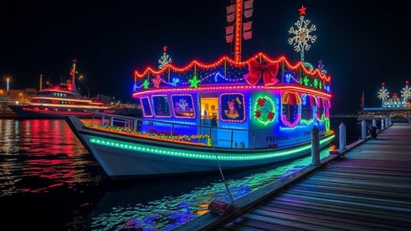 Festive holiday boat with lights in Miami, December 2025 activities.