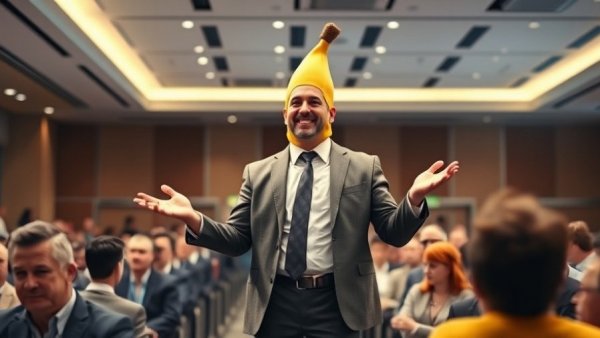 AI creativity depicted as a man creatively transforming into a banana suit.