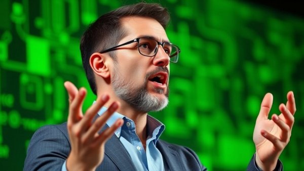 Expressive male speaker at green conference, discussing orbital data centers.