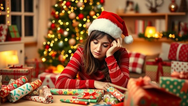 Tired woman in Santa hat overwhelmed by holiday preparations, AI Christmas tricks.