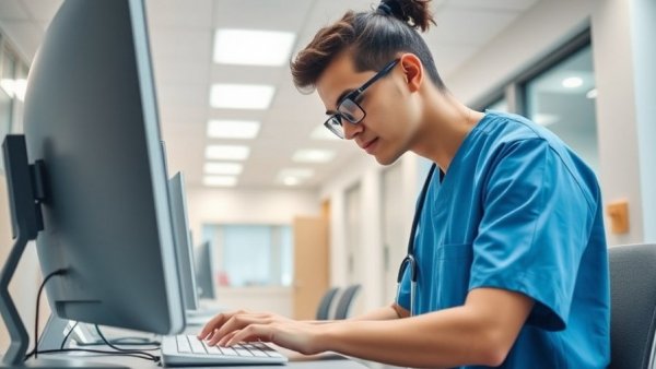 Healthcare worker using computer in clinic, migrating EHRs to the cloud.