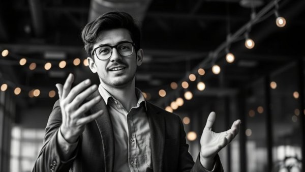 Young professional engaging, Silicon Valley startup culture, monochrome.