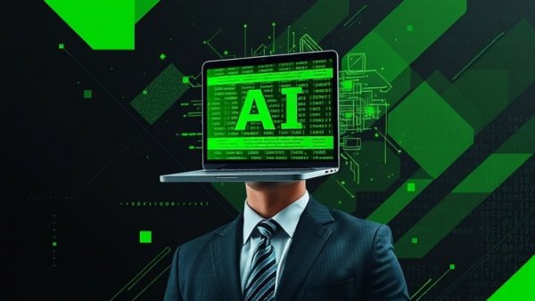 AI coding agent Codex concept with laptop-headed figure in suit.