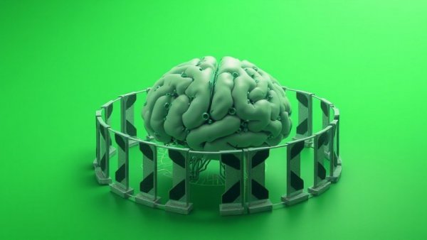 Abstract AI safety concept with barriers, circuit brain.