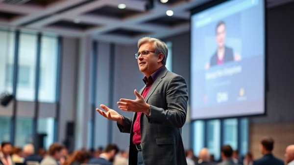 Speaker discussing future technology, gesturing confidently on stage.