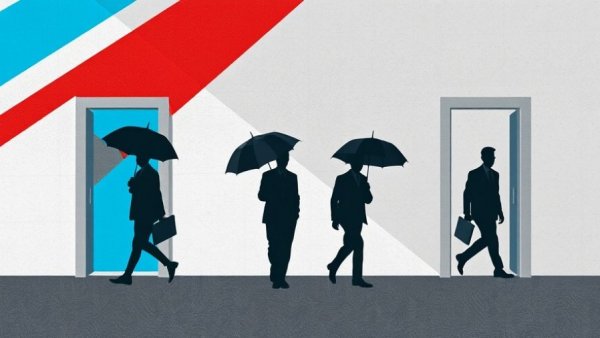 Abstract depiction of 2025 tech layoffs with figures under umbrellas.