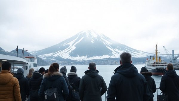 AI-generated image of people on a ferry with a harbor and mountain.