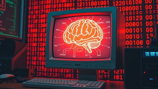 Retro computer with brain display, orange binary background, GNOME bans AI-generated extensions.