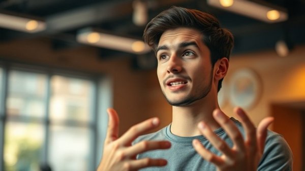 Young man discussing AI creativity indoors with warm lighting.