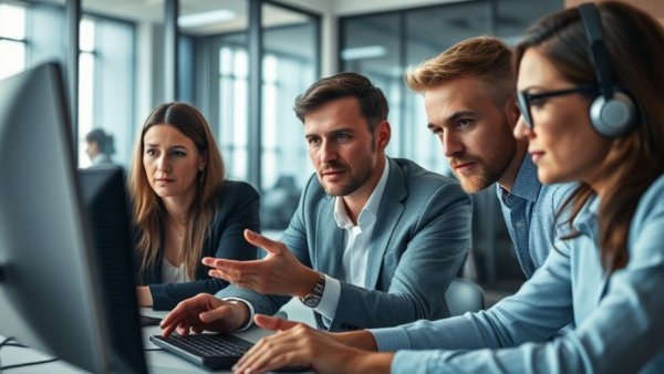 IT experts collaborate in modern office for healthcare service management.