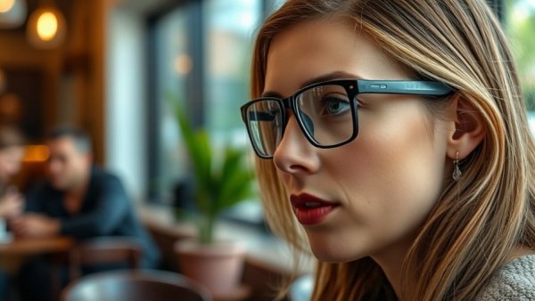 Woman with AI glasses focusing on conversation in a cafe.