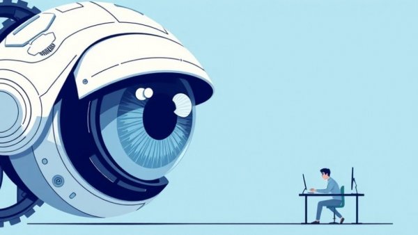 AI online security concept with giant robotic eye and person at computer.