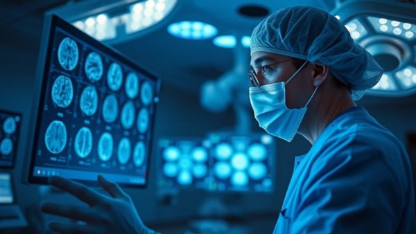 Surgeon analyzing digital brain scans in operating room, showcasing surgical display technology.