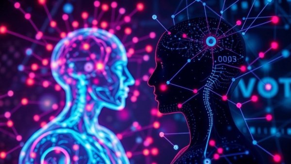 Abstract art of AI societal impact with interconnected elements.