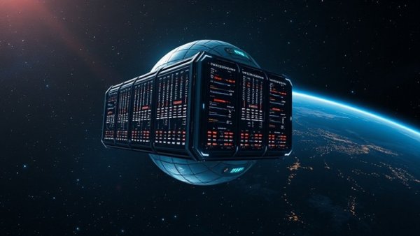 Futuristic space-based data center orbiting Earth, cosmic scene.