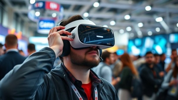 Man using VR headset at a tech event demonstrating future technology.