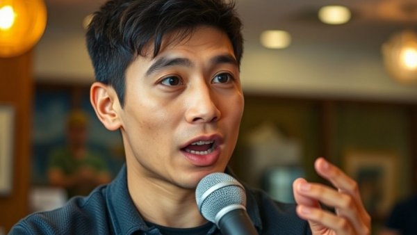 Young man expressing AI creativity while speaking into a microphone.