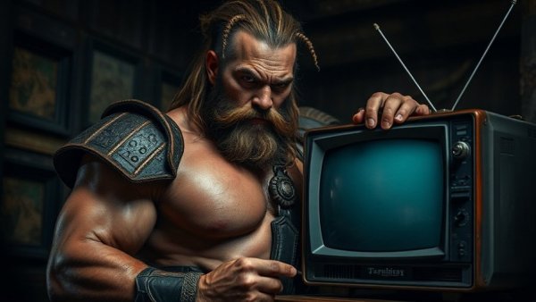 Muscular barbarian with vintage TV symbolizing AI online security.
