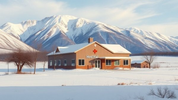 Rural healthcare facility against mountains in winter, highlighting funding challenges.