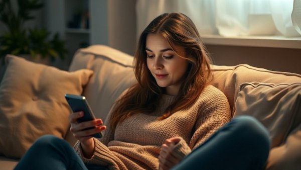 Woman using AI app for emotional support on smartphone.