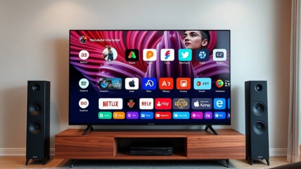 Smart TV with colorful app icons in a modern living room setting.