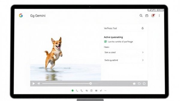 Google Gemini AI video verification interface with dog catching frisbee.