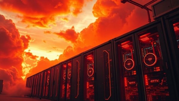 Dramatic depiction of AI societal challenges with fiery server room.