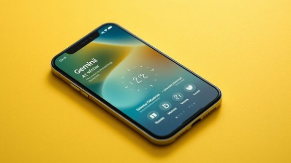 Smartphone with Gemini AI interface on colorful background.