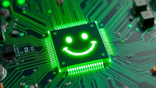 Intricate circuit board with glowing smiley face chip, symbolizing technology.