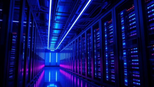 Futuristic data center in healthcare with glowing cables and advanced technology.