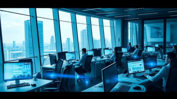 AI-driven reduced workweek office with digital productivity display