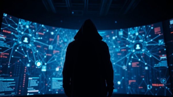 Silhouette against glowing digital network screens representing AI deception in technology