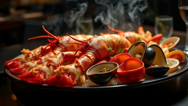 Gourmet seafood tower with lobster and shellfish, Best Dishes in Miami 2025.