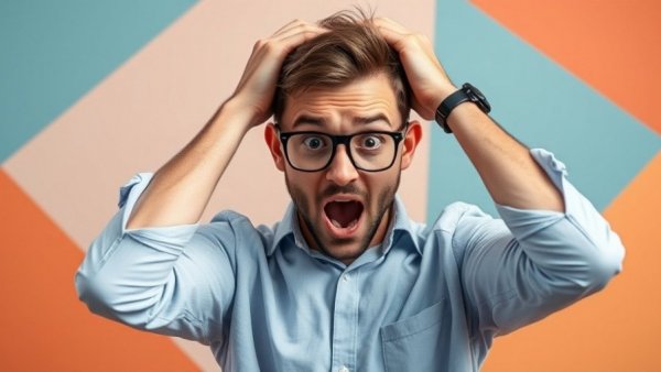 Astonished man reacting to AI societal challenges, colorful background.