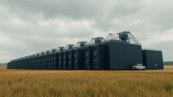 Industrial data center in a natural field setting.