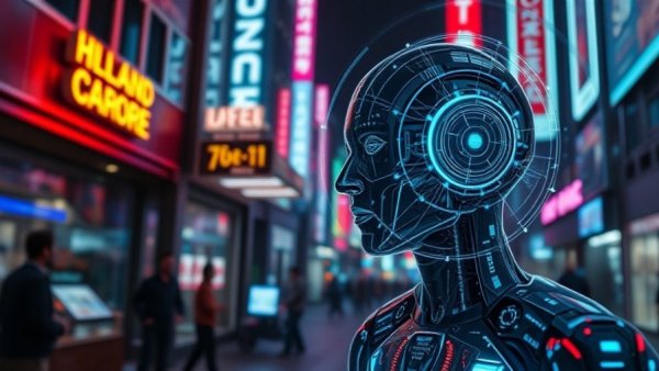 Futuristic Hollywood AI integration 2025 interface, vibrant setting.