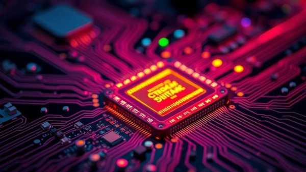Close-up of a futuristic microchip with glowing circuits, future technology.