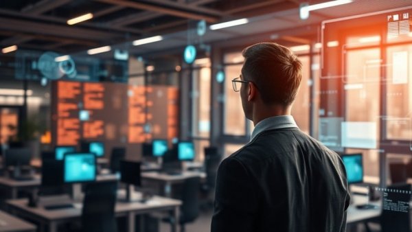 AI and jobs: Man in digital office with tech elements.