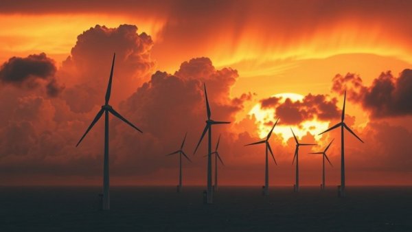 Surreal wind turbines with stormy sky, symbolizing halted offshore wind projects.