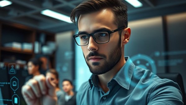 Professional analyzing AI societal challenges with digital interface