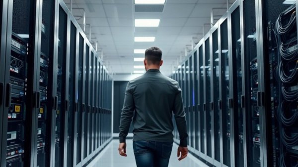 Modern data center with server racks and focused individual, data center leak prevention context.